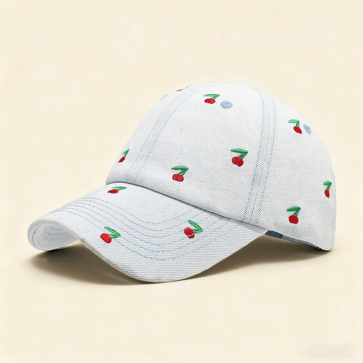 Vintage Cherry Embroidered Denim Baseball Cap_Cwah04665