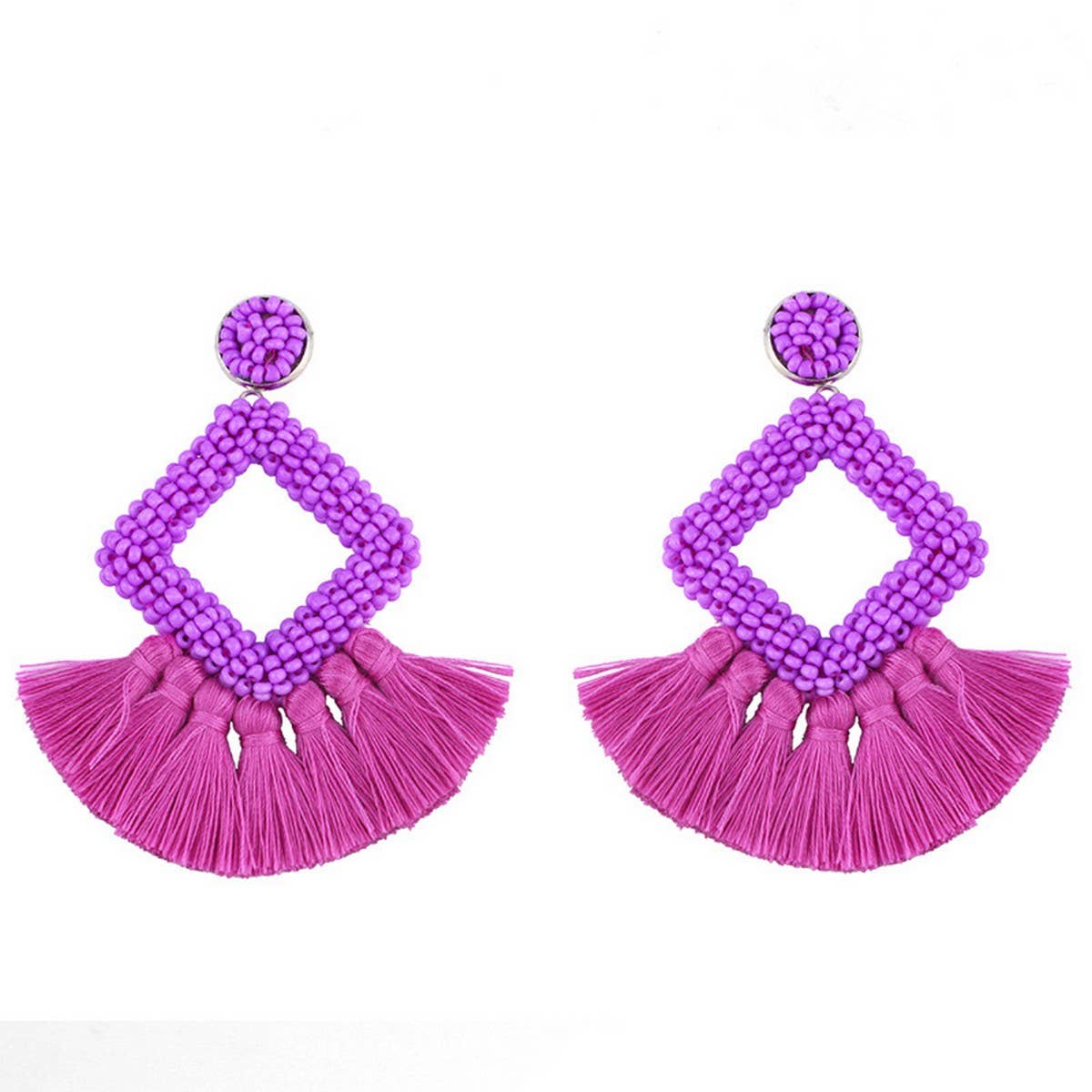 GEOMETRIC DIAMOND SHAPED RICE BEAD TASSEL EARRINGS_CWAJE1043
