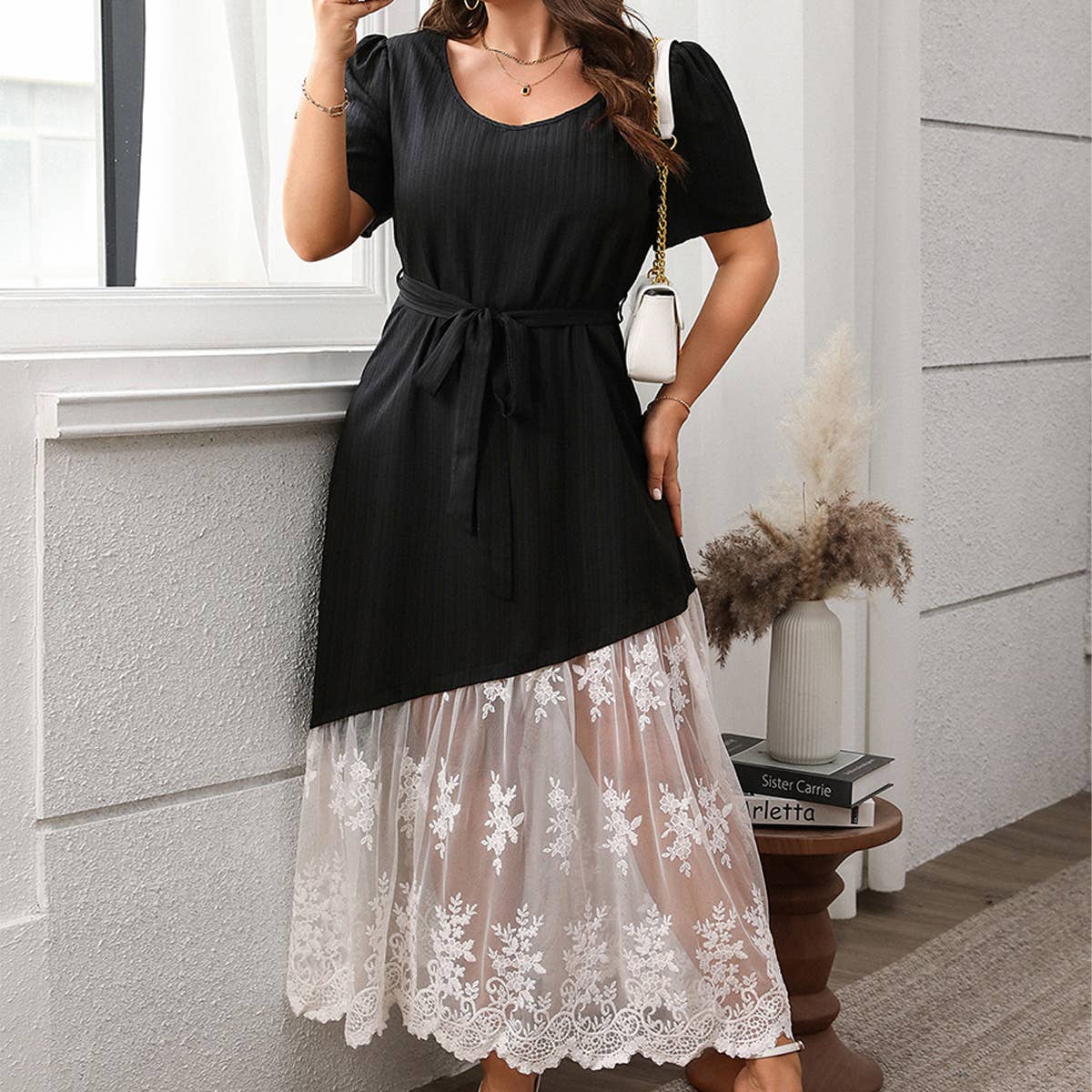 FRENCH LACE PANEL TIE WAIST LOOSE DRESS_CWDSD8484