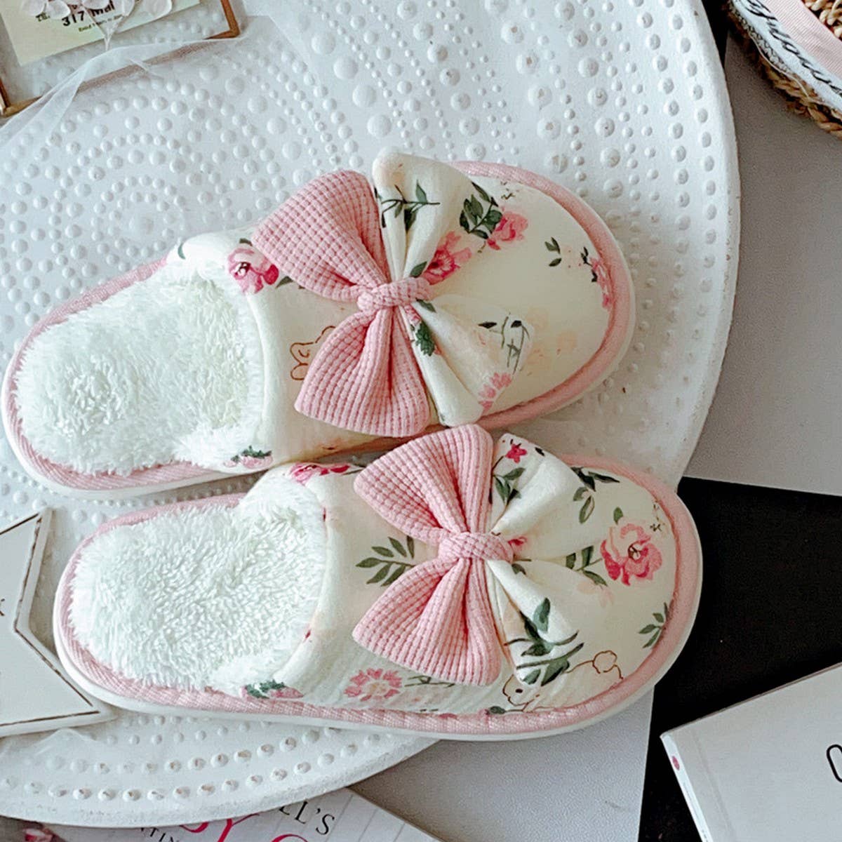NEW FLORAL BOW WARM HOME SHOES FOR WOMEN_CWMM2959