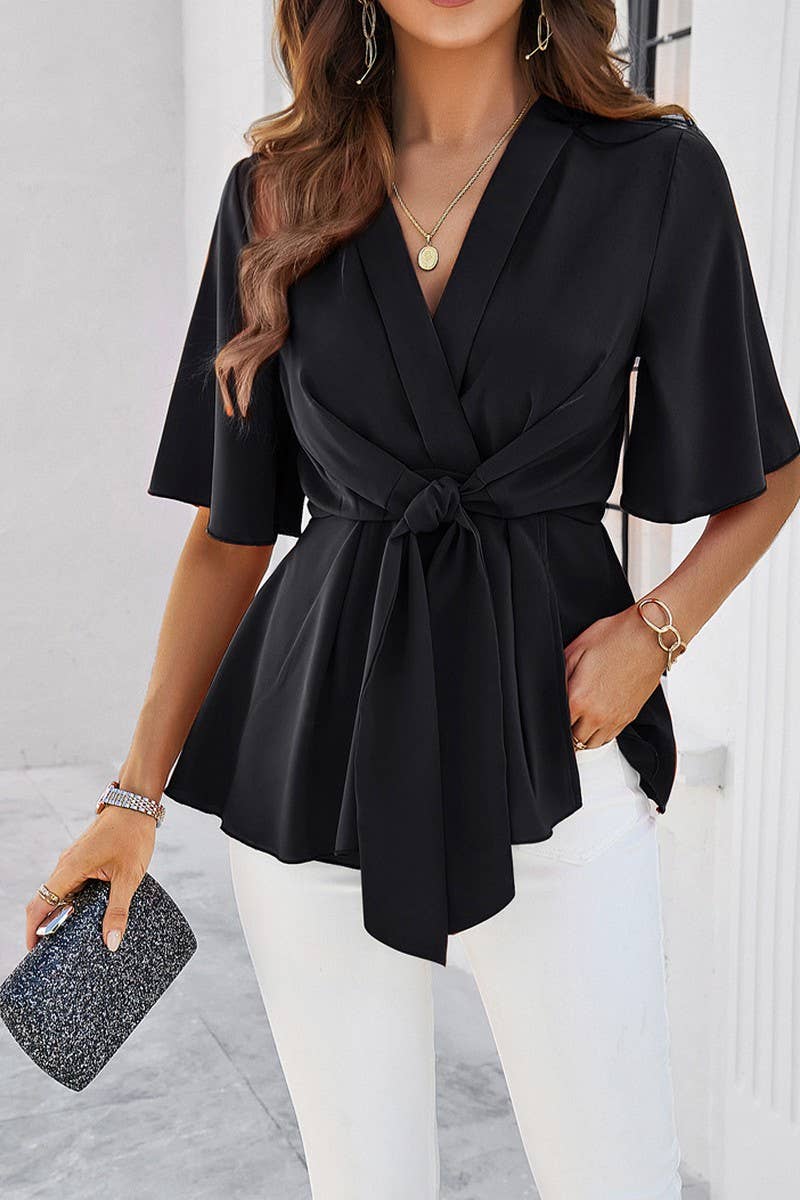 Solid Color Elegant Short Sleeved Belted Top_Cwtsts0323