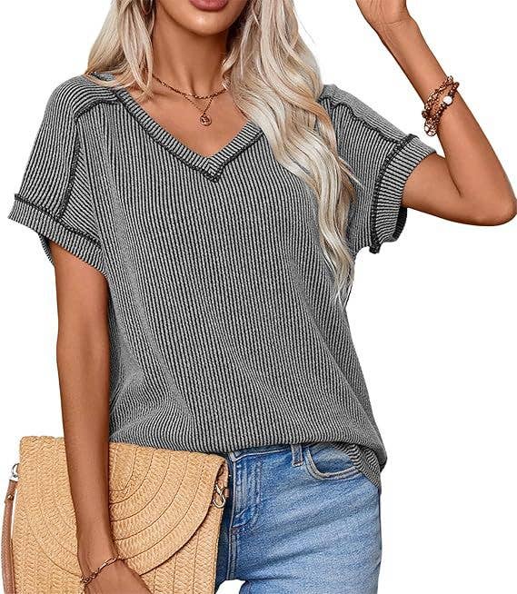 Womens Fashion Colorblock Twist V-Neck Tee