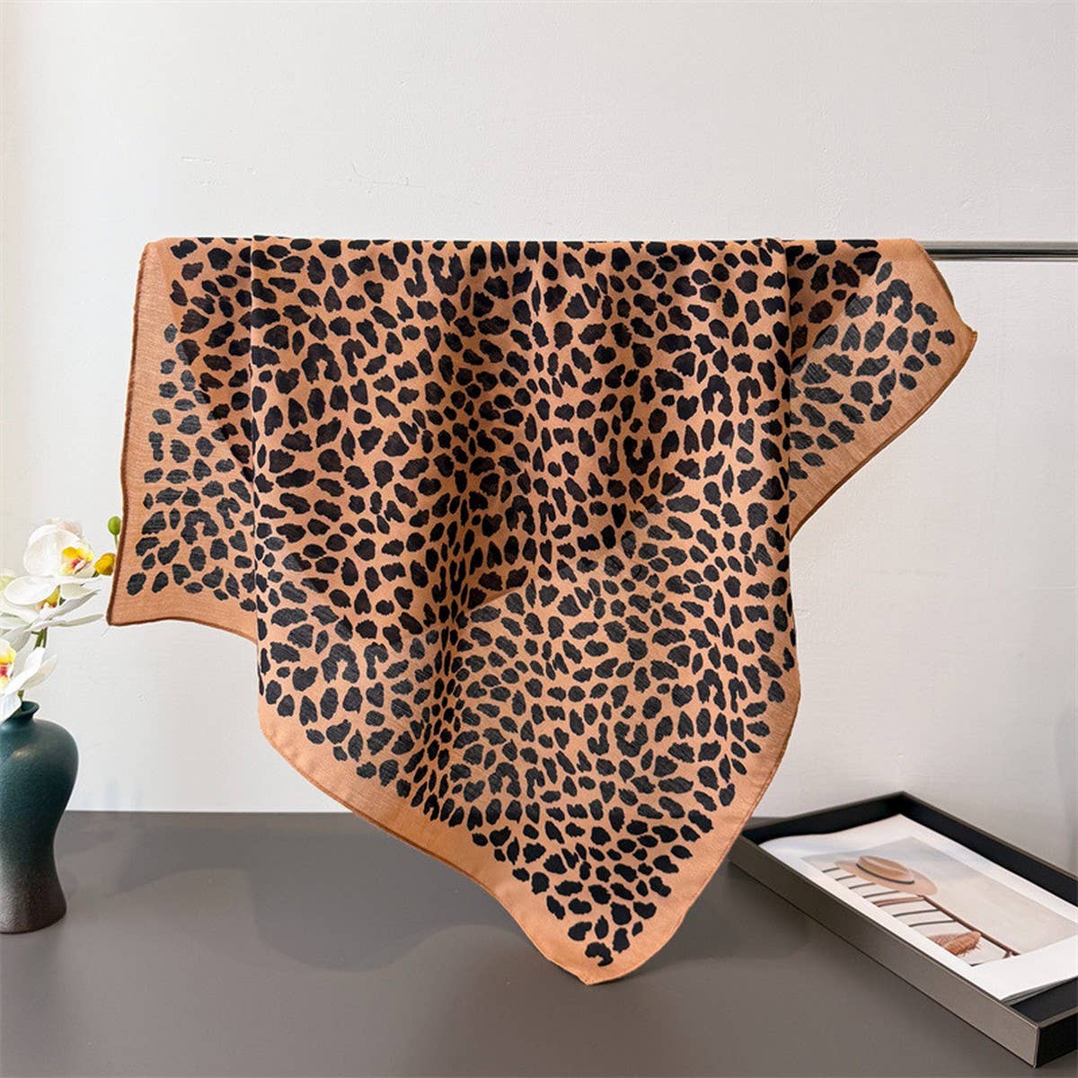 Vintage Leopard Herringbone Linen Headscarf_Cwasc03426