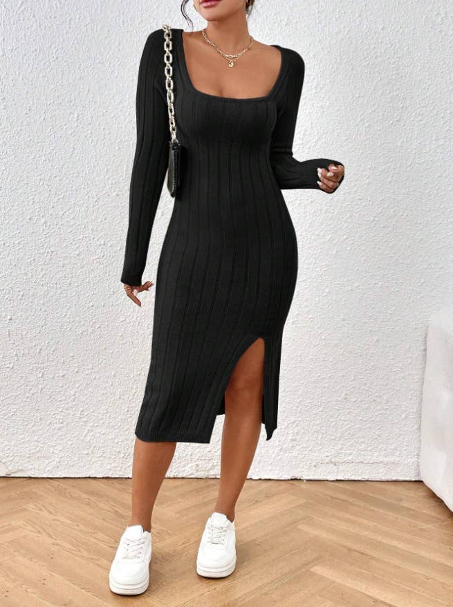 Square-Neck Long-Sleeved Solid-Color Dress