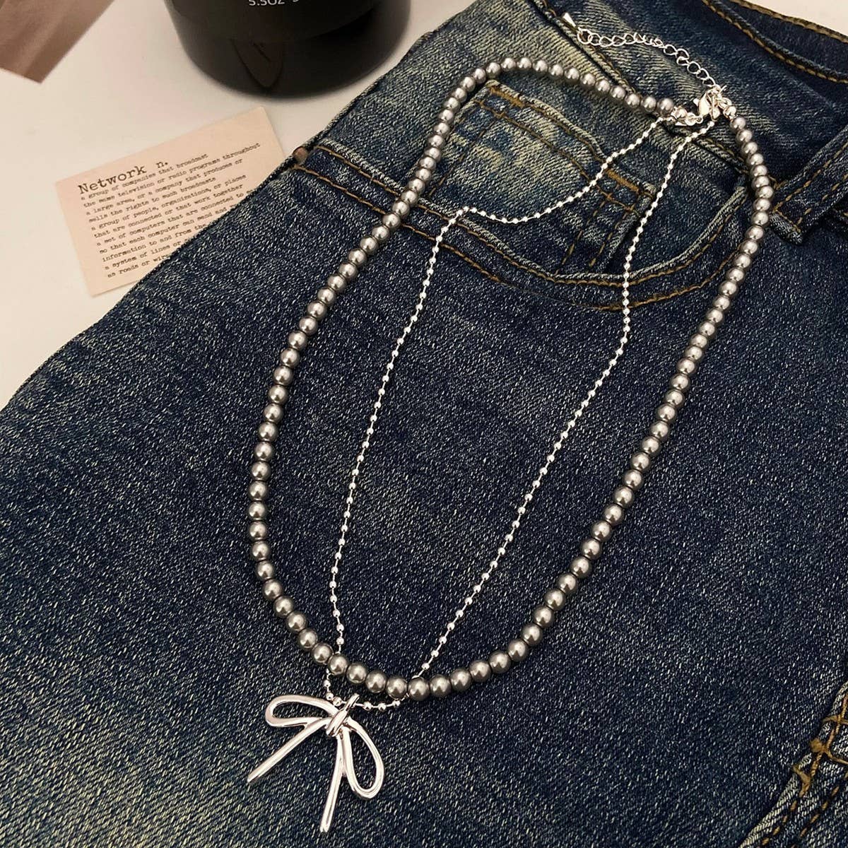 FASHIONABLE TASSEL BOW PEARL DOUBLE LAYER NECKLACE_CWAJE3056