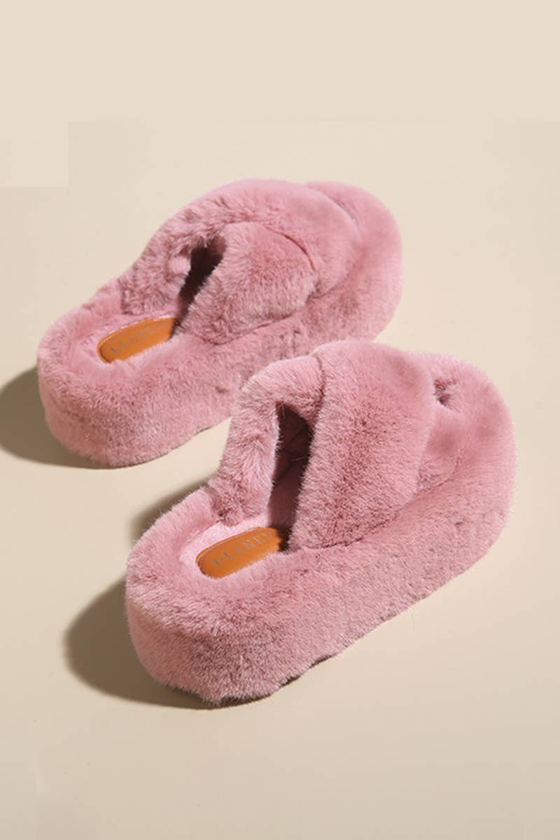 THICK SOLE CROSS STRAP FLUFFY BEDROOM SLIPPERS_CWSHS0230
