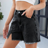 Washed Denim Cutoff Shorts With Side Slit