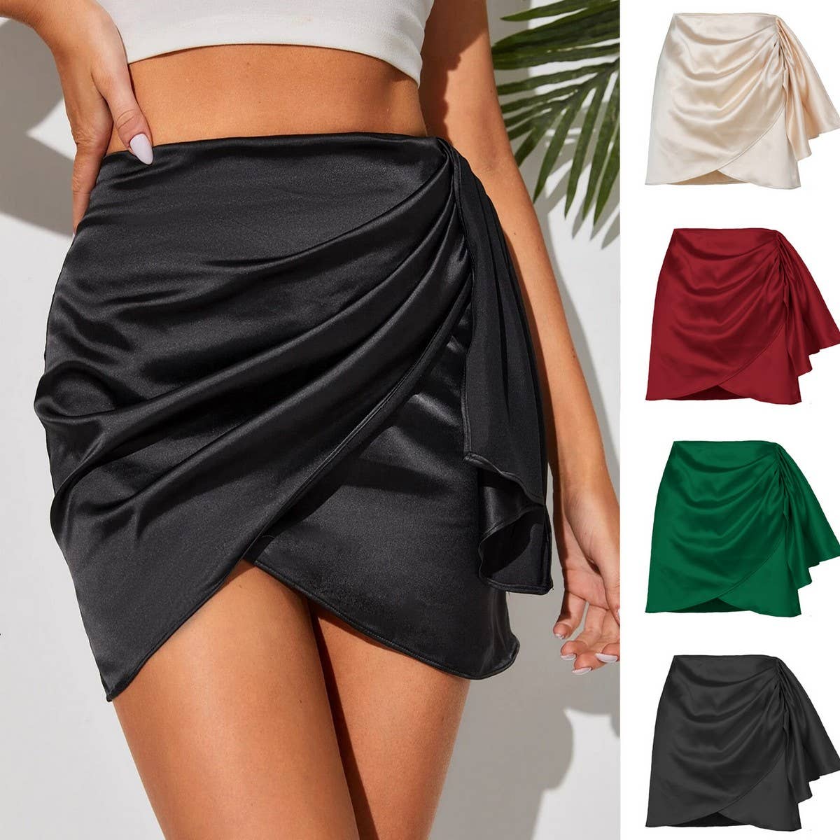 IRREGULAR ZIPPER SKIRT SATIN HIGH WAIST MINI SKIRT_CWAB4809