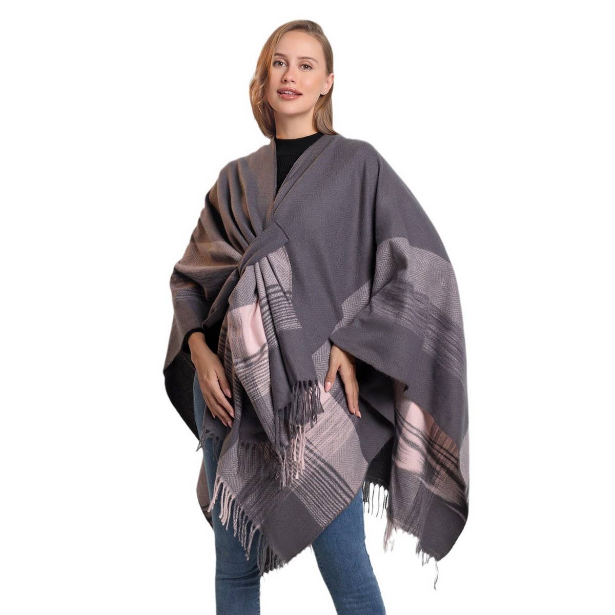 FRINGED CAPE FIXED TIE SHAWL FAUX CASHMERE SCARF_CWASC2160