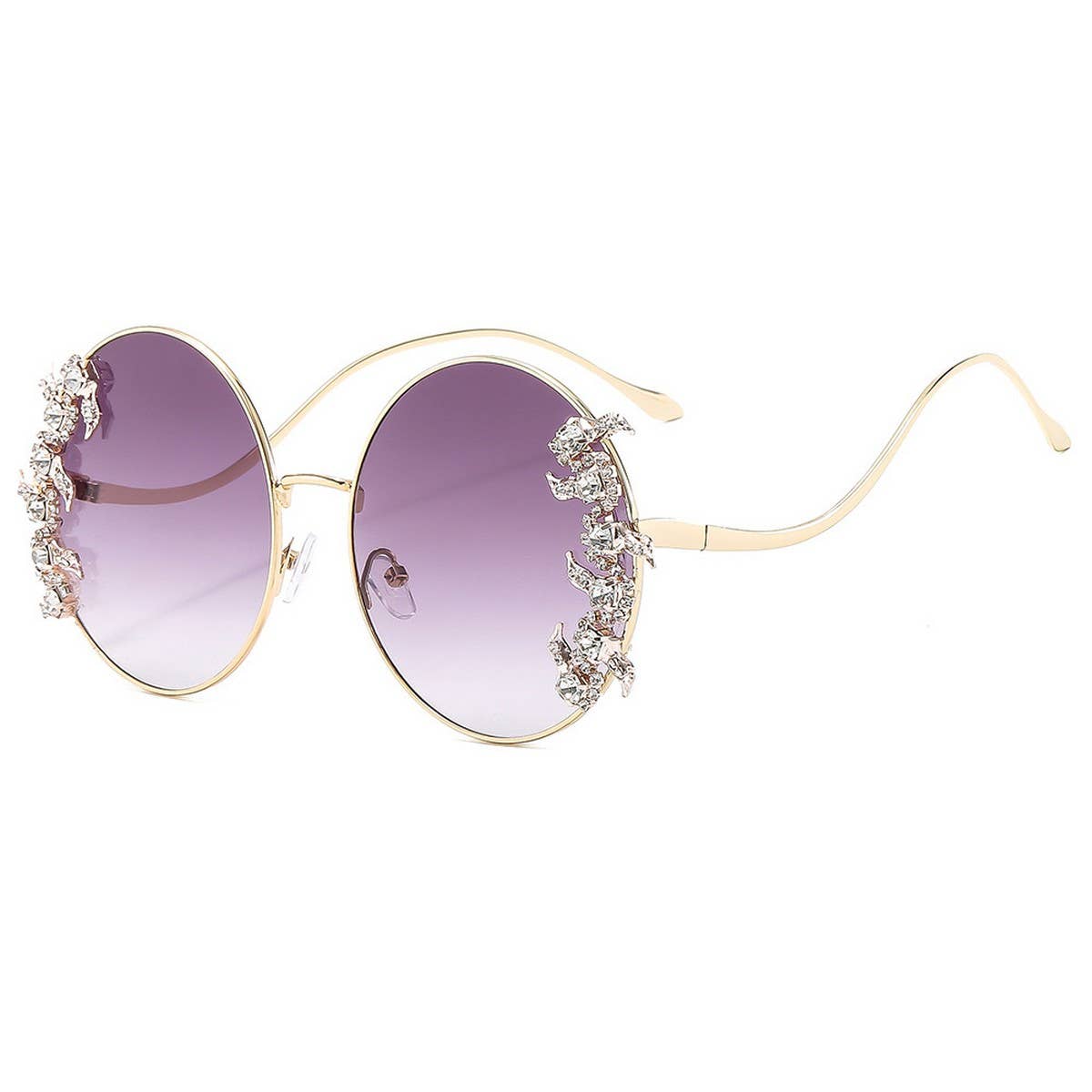 LUXURY RHINESTONE WAVE METAL LEG ROUND SUNGLASSES_CWASG1188