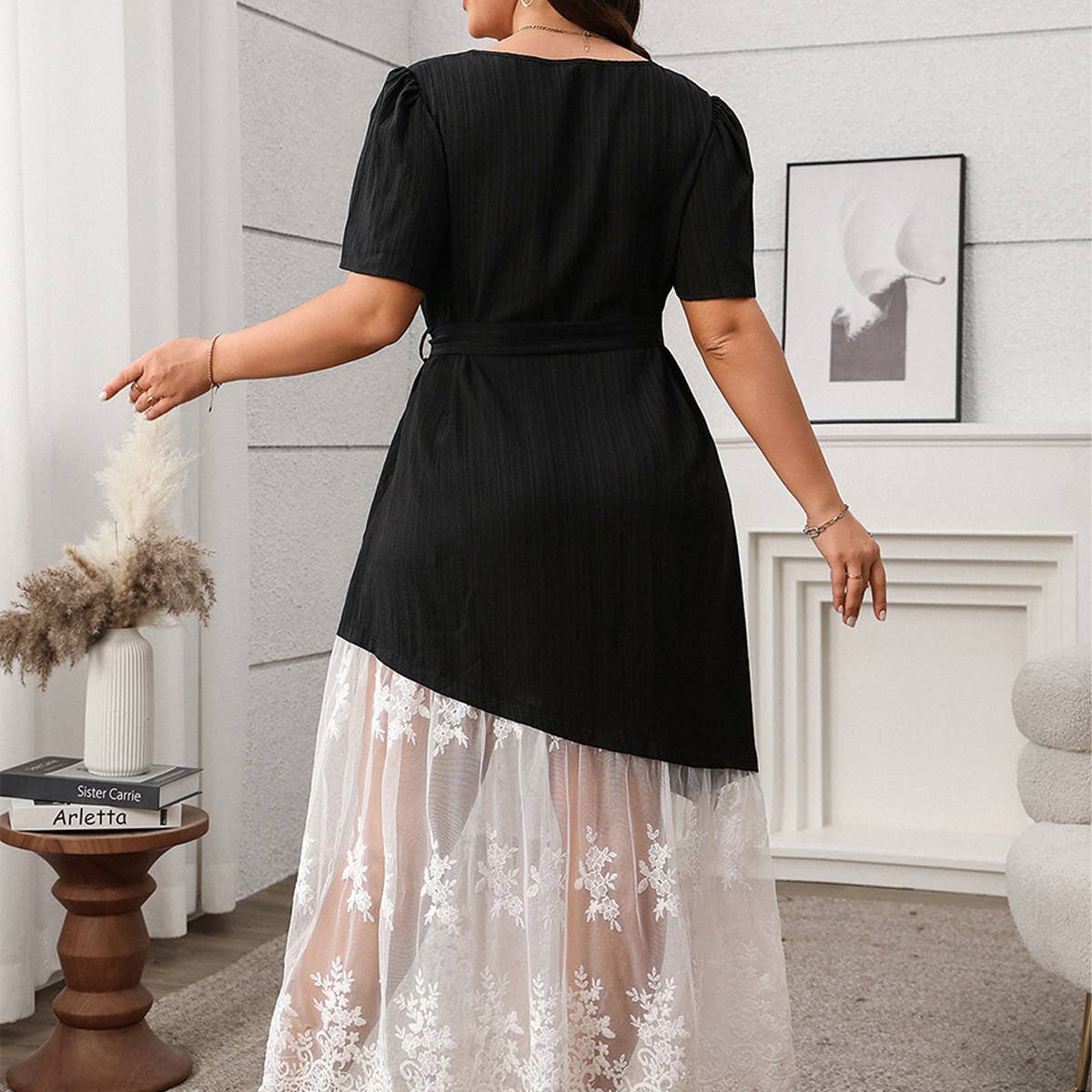 FRENCH LACE PANEL TIE WAIST LOOSE DRESS_CWDSD8484