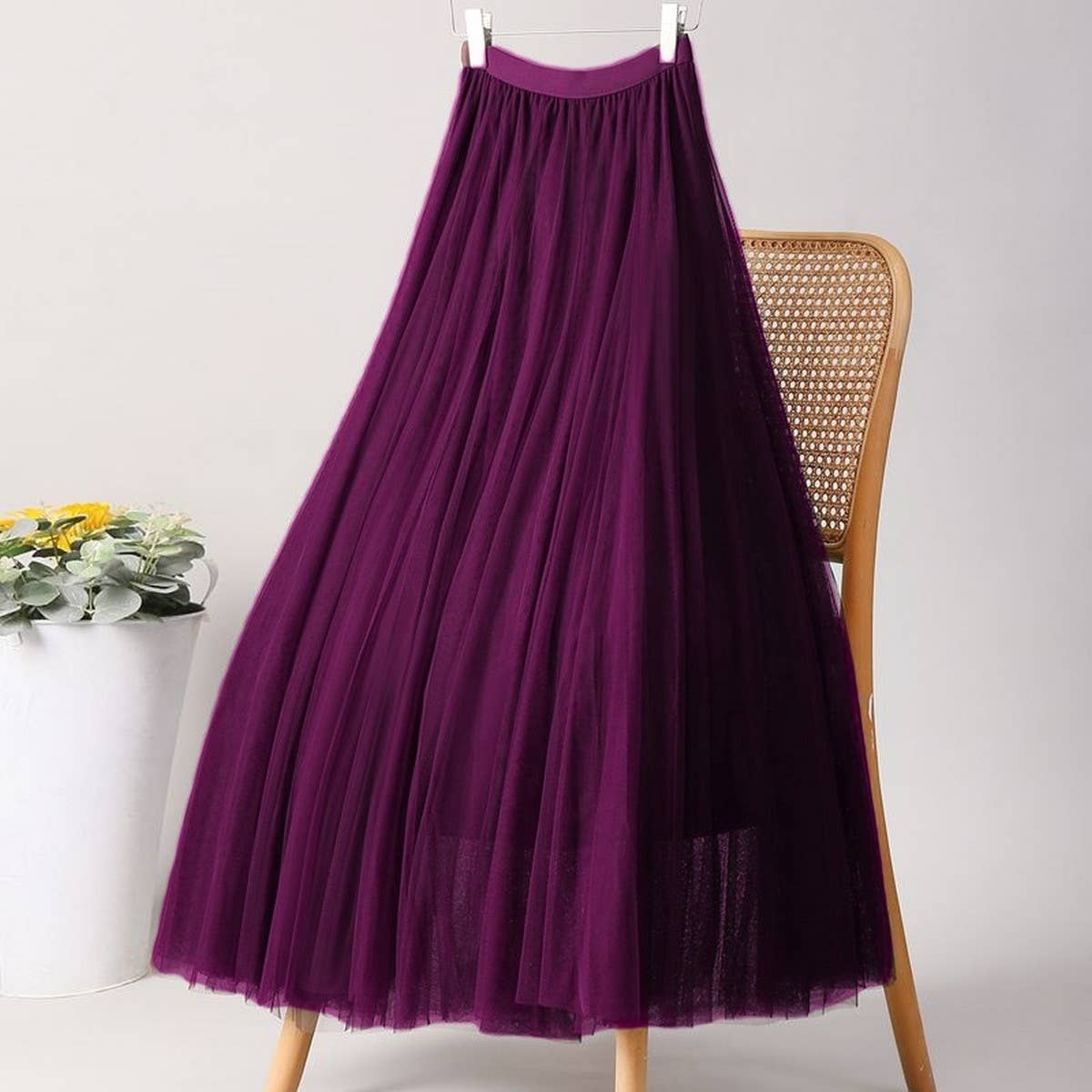 SOLID COLOR ELASTIC WAIST MESH TULLE A LINE SKIRT_CWBLS0372