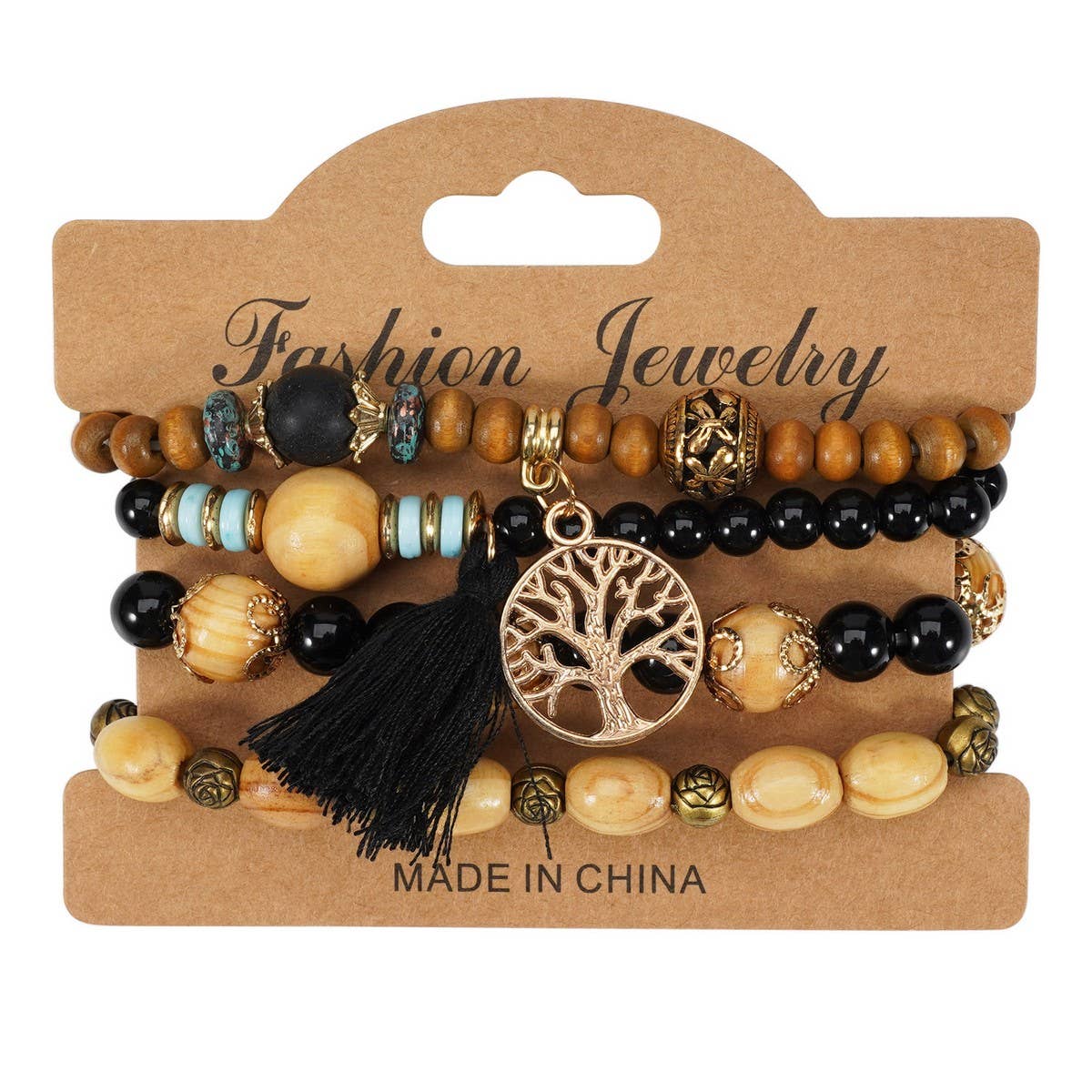 Cwmm10462_Wood Bead Rose Alloy Handmade Bracelet Set