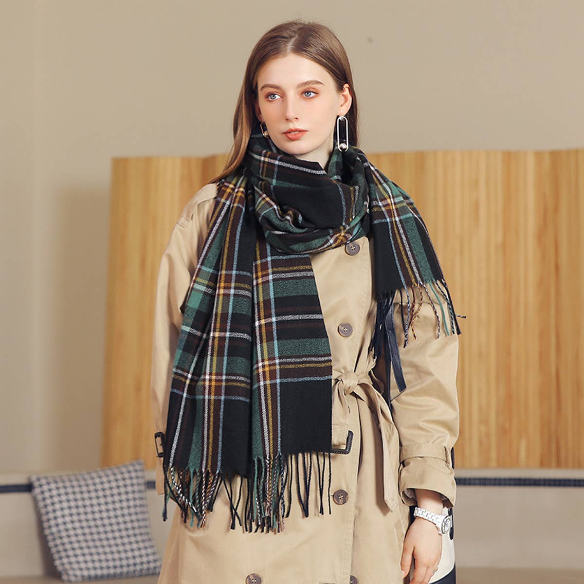 PLAID WINTER SCARF FOR WOMEN WITH TASSELS WARM_CWASC0186