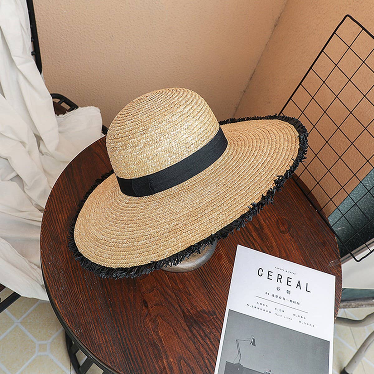 BLACK FUR EDGE OUTDOOR SHADING FASHION STRAW HAT_CWAH1173