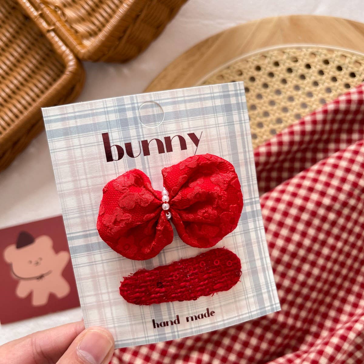 Red Bow Fabric Hair Clip Set For Kids_Cwaha08386