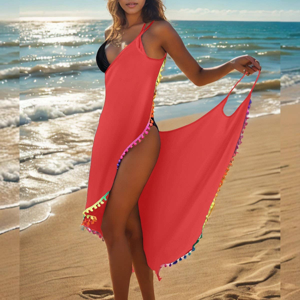 PLUS SIZE ONE PIECE BEACH SKIRT TASSEL TRIM DRESS_CWBLS0478