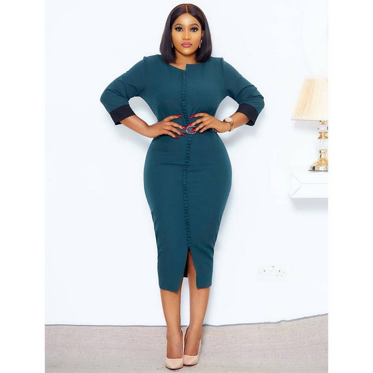 CONTRAST COLOR BUTTONED SLIT OVERSIZED DRESS_CWDMD3719