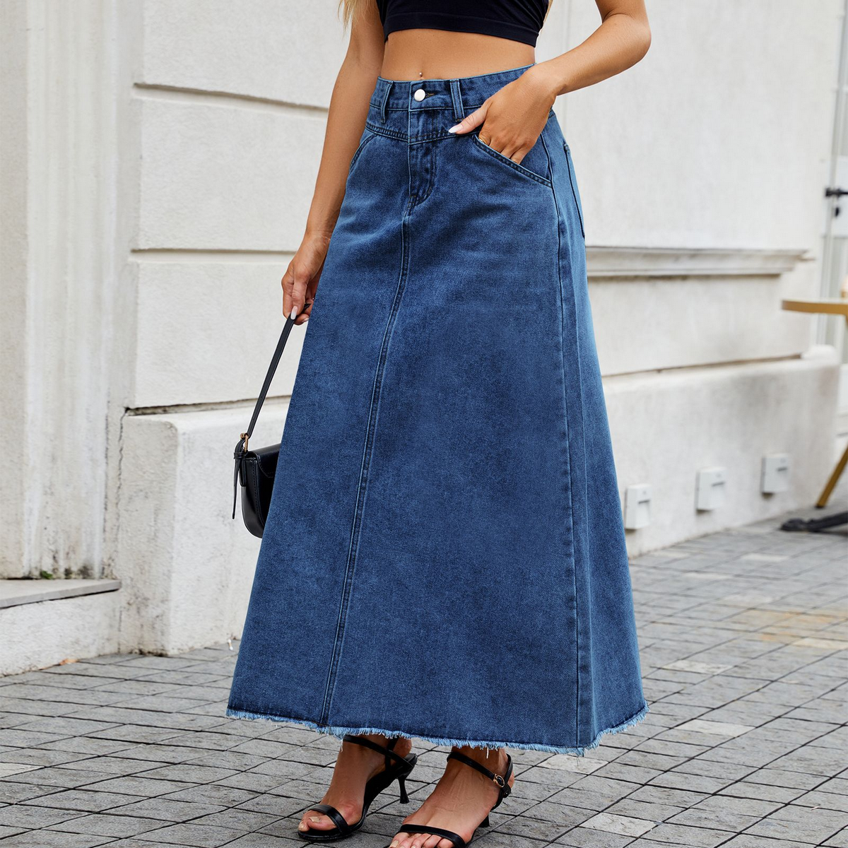 Women High Waist Denim Midi Skirt With Pockets_Cwjsk0203