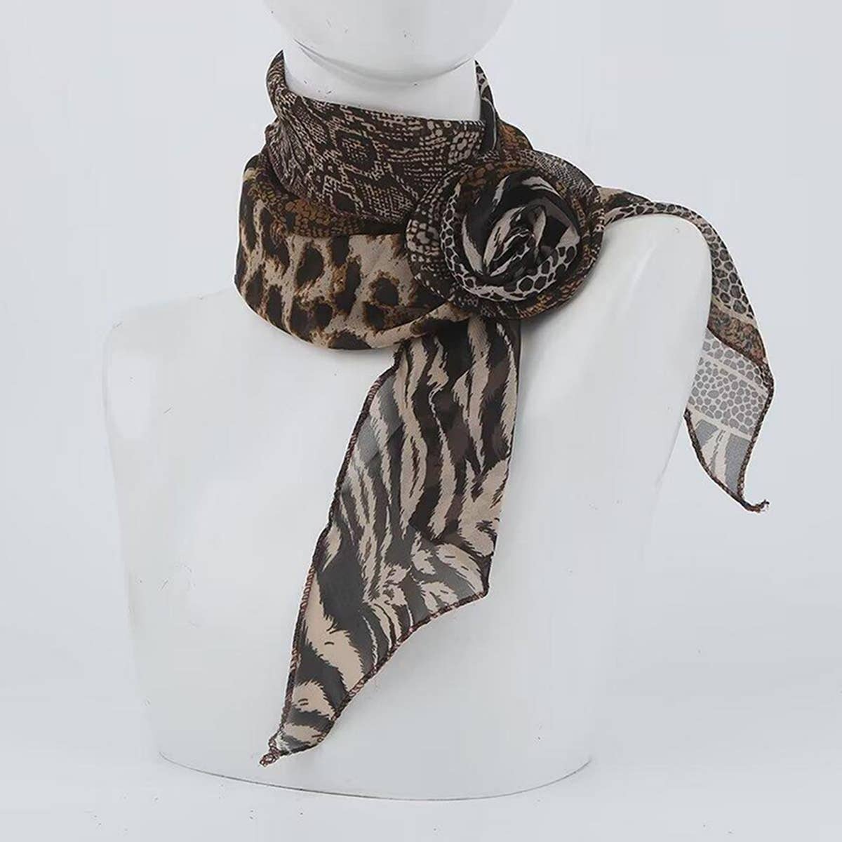 Leopard Rose Print Slim Scarf For Women_Cwasc03967