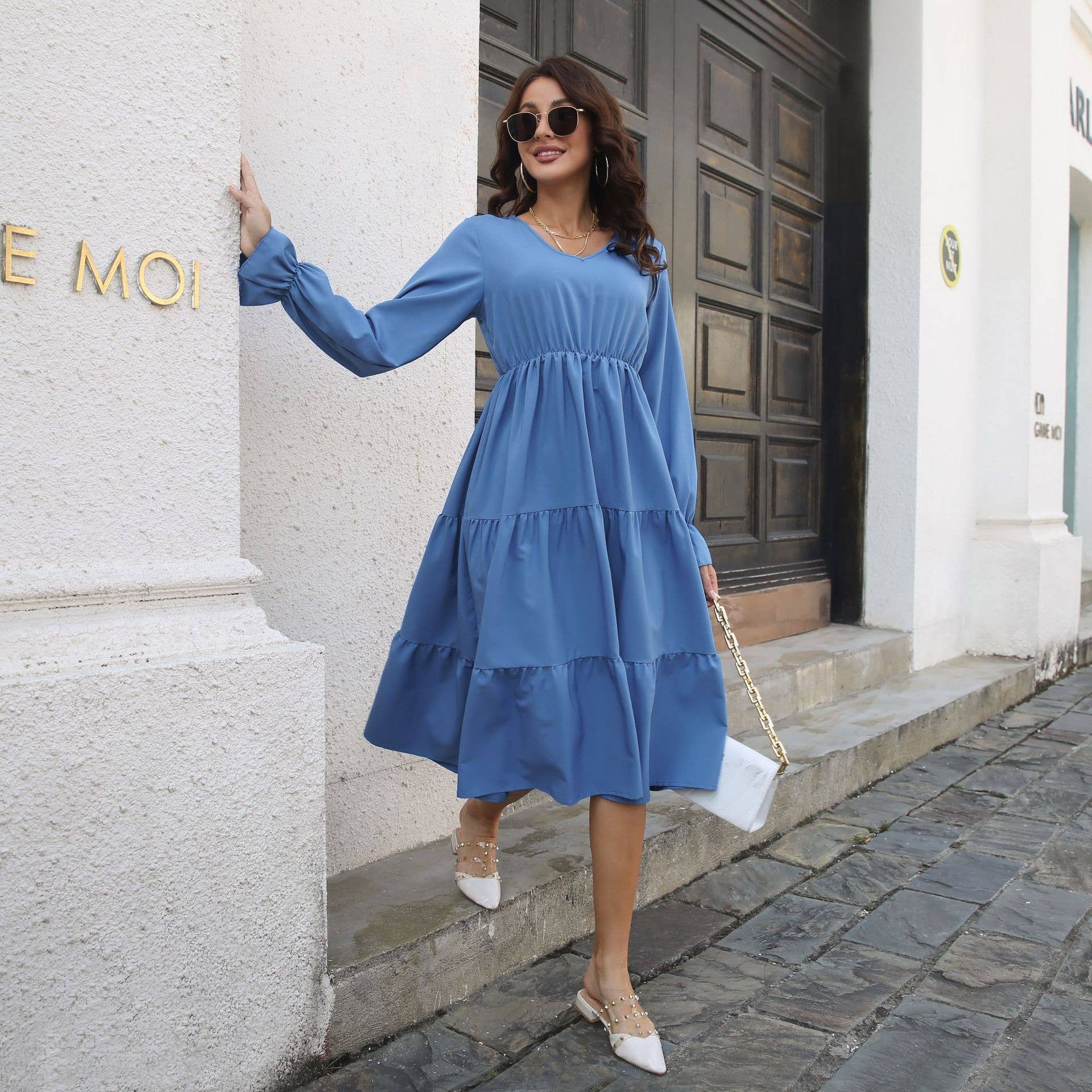 V-Neck Layered Flared Sleeves Long-Sleeved Dress