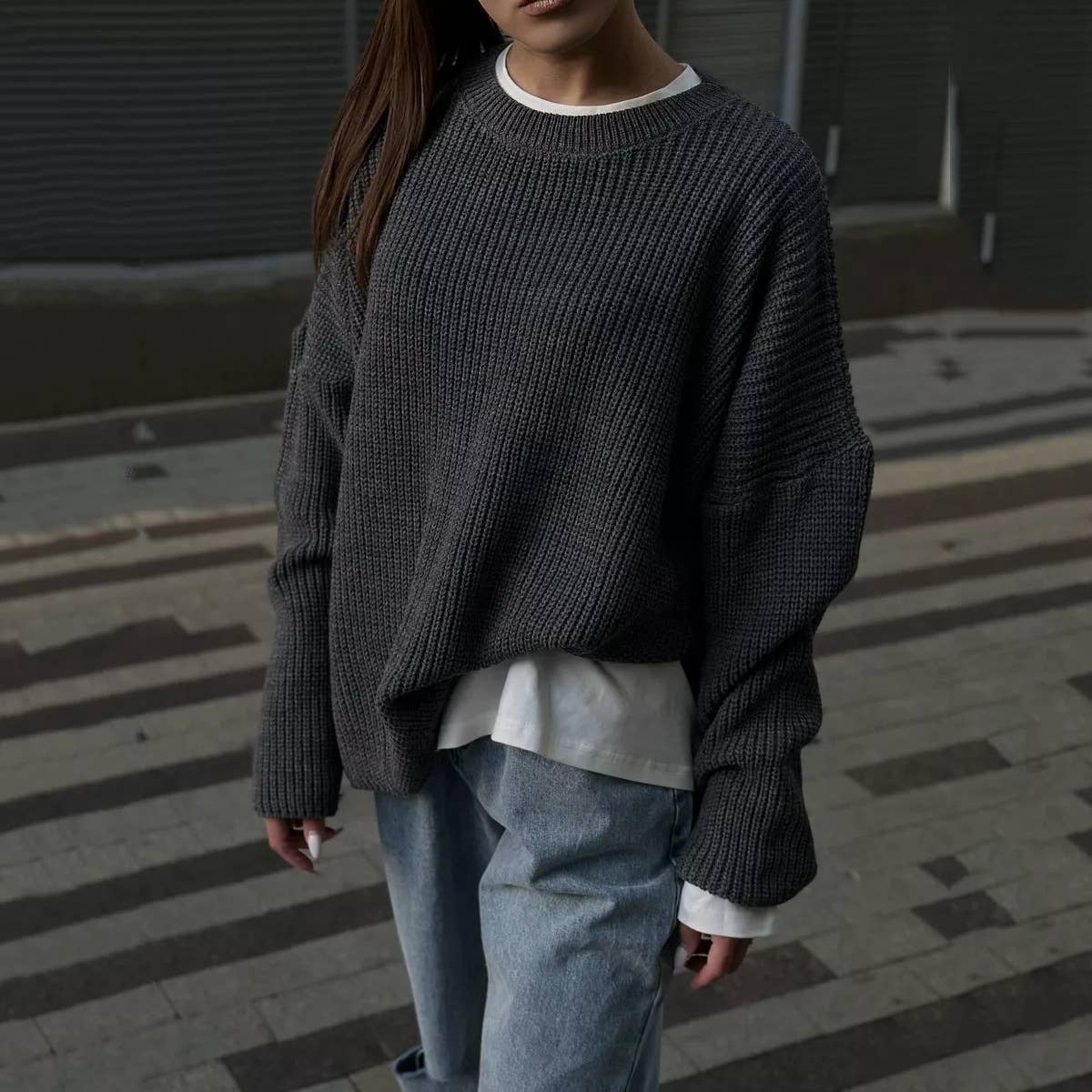 Solid Color Crew Neck Loose Knit Sweater