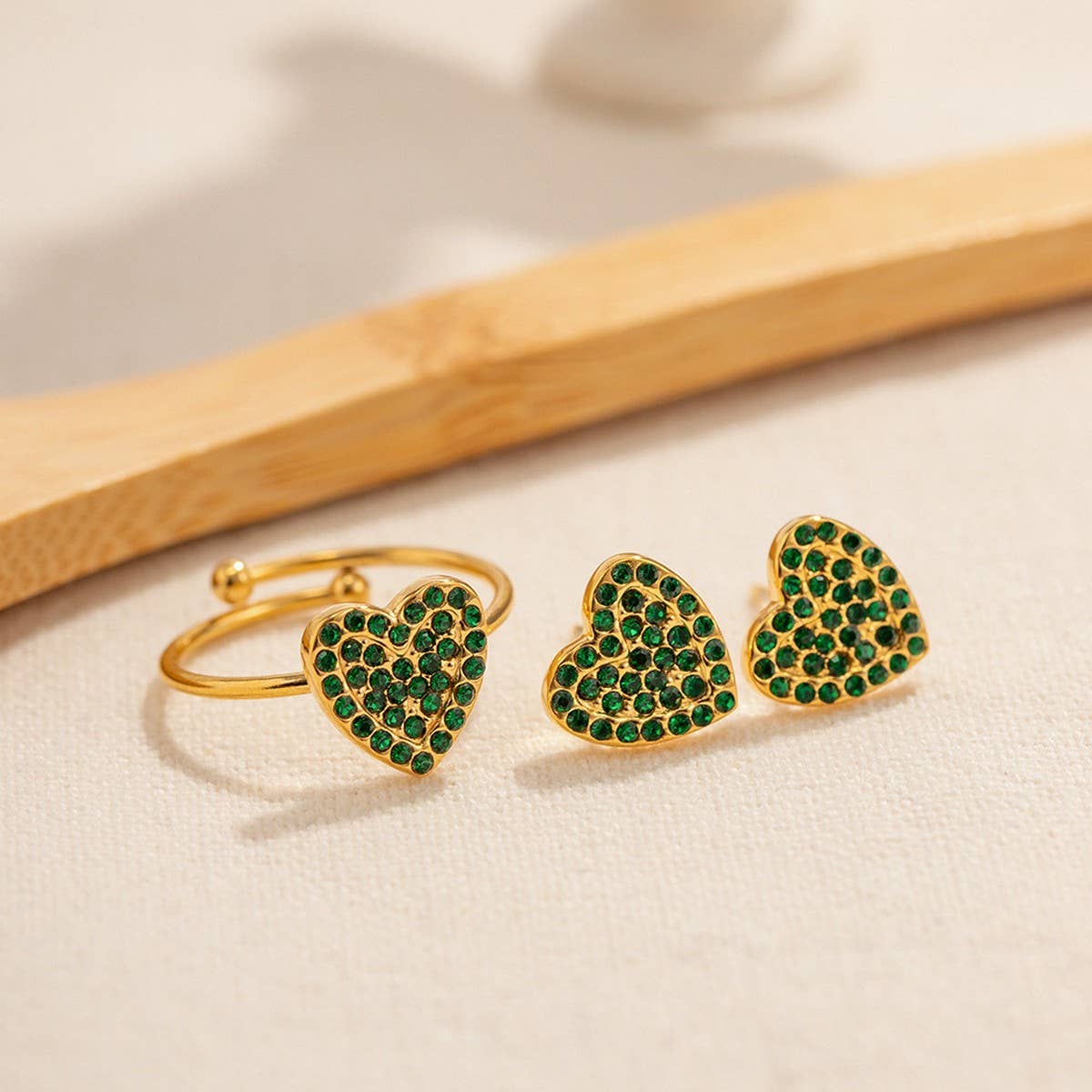 FASHION STEEL GREEN DIAMOND RING STUD EARRINGS_CWAJE1370