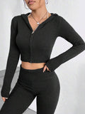 Zipper Hooded Top,Low-Waisted Flared Pants Set