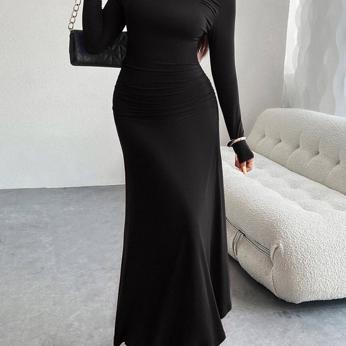 Solid Color Dress With Hip Collar