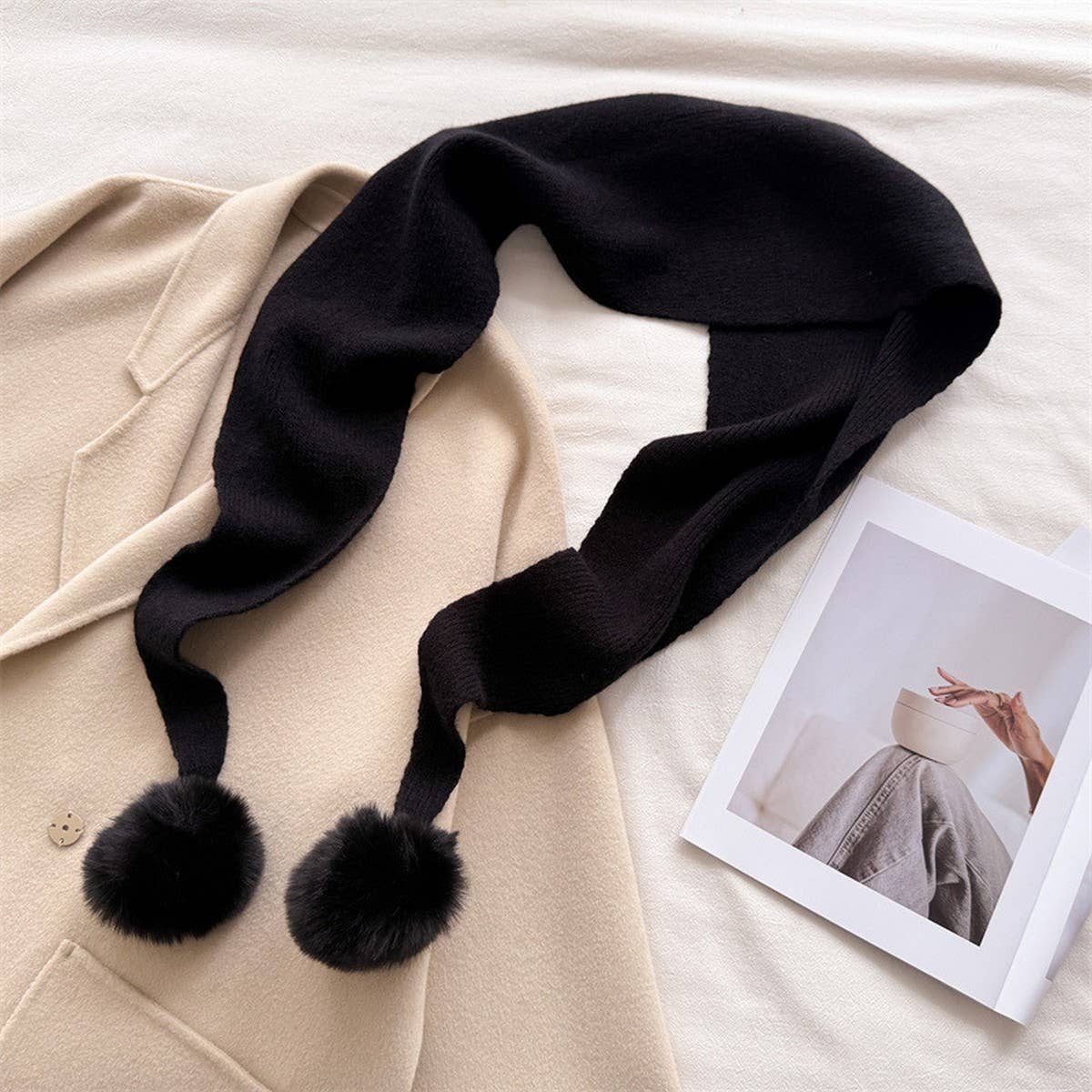 Cozy Knit Pom Pom Scarf Warm Winter Wrap_Cwasc03459