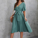 Solid Color V-Neck High-Waisted Mid-Length Dress