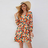 V Neck Floral Long Sleeve Dress With Waist Tie