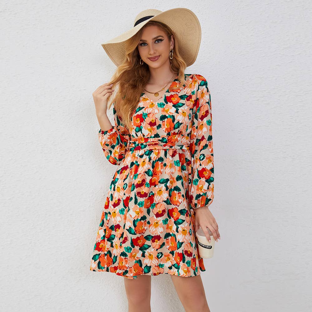 V-Neck Floral Waist-Cinched Elegant Dress