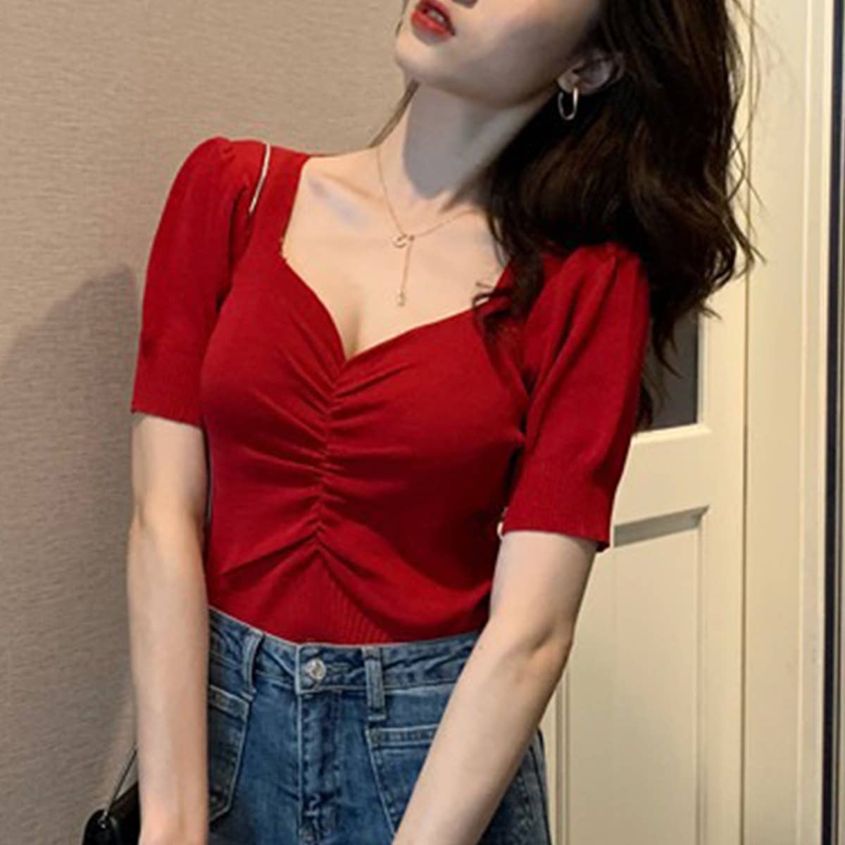 Vintage V-Neck Puffy Sleeve Knit Base T-Shirt