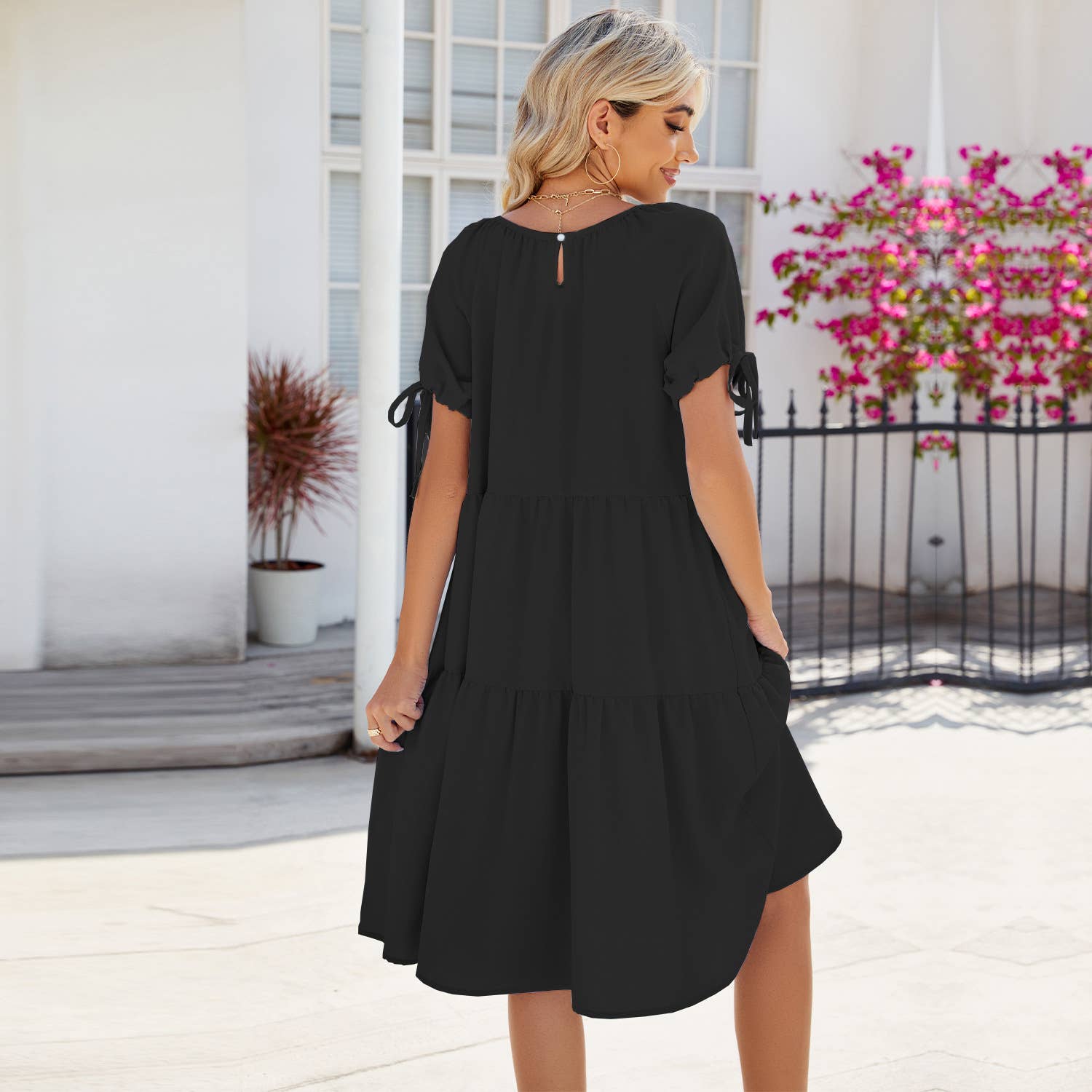 Solid Color Pleated Short Sleeve Tie Dress