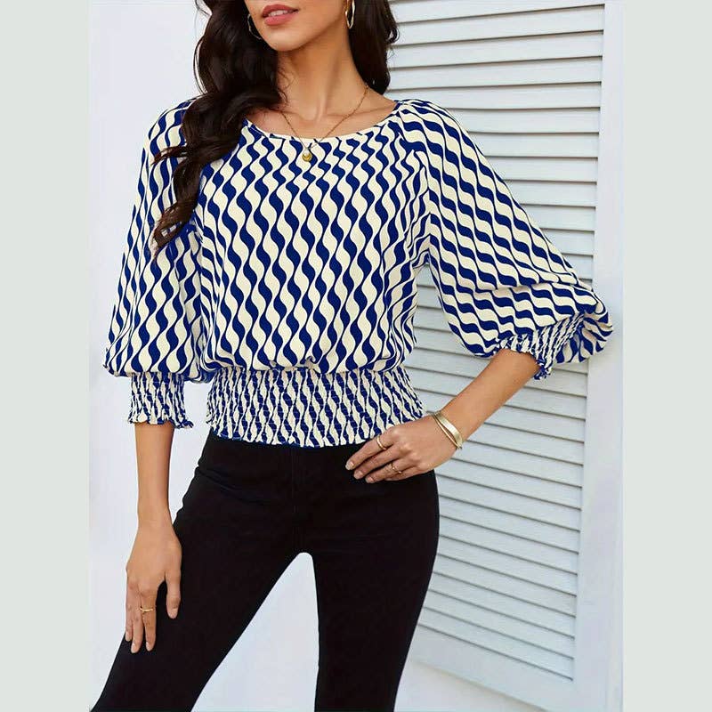 Waist-In Color Contrast Printed Long Sleevet-Shirt