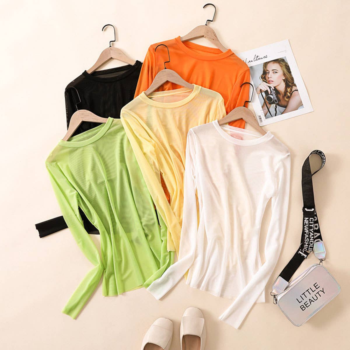 CANDY COLOR BLOUSE LONG SLEEVE MESH TOP_CWTBLL3620