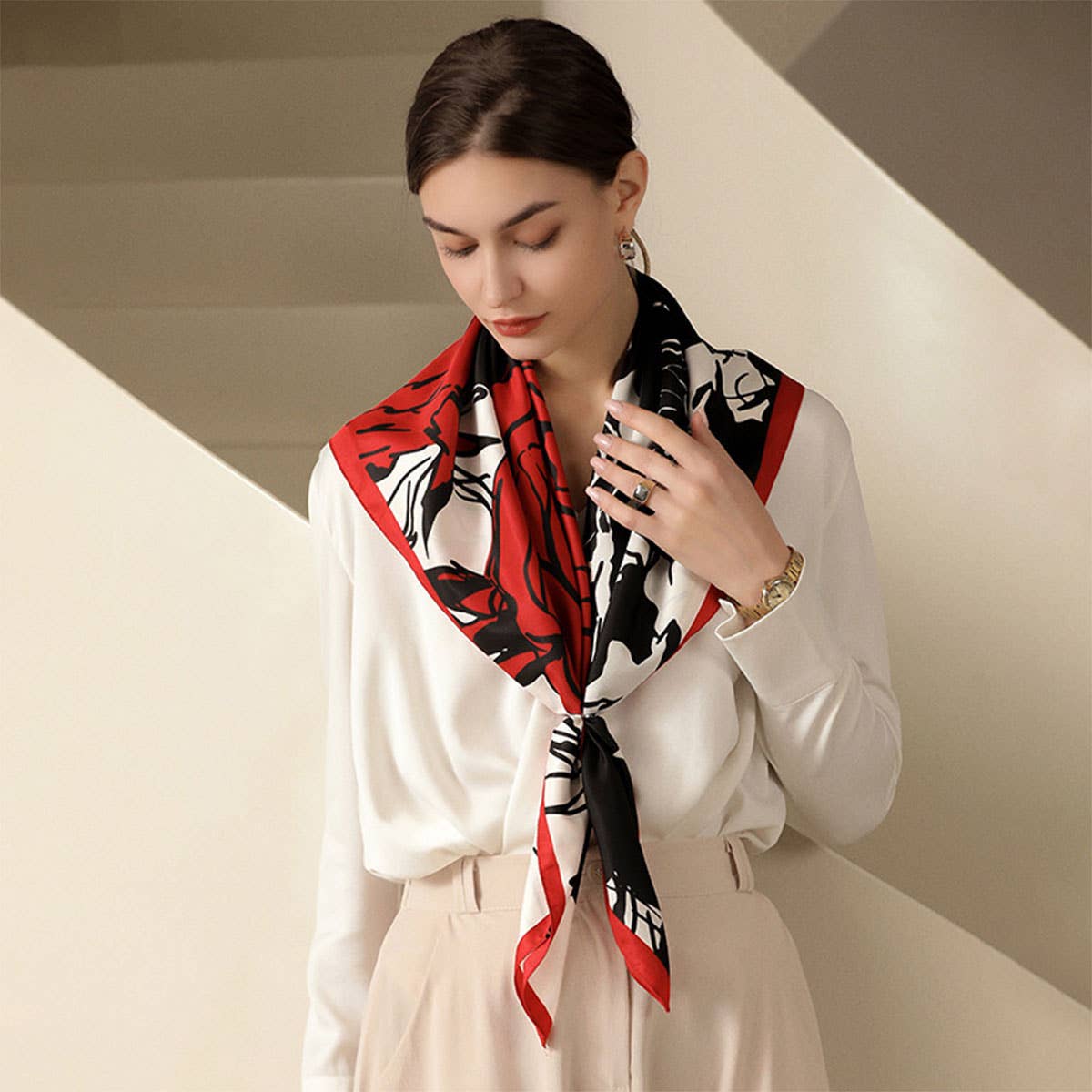 FLORAL PRINT SATIN SCARF FOR WOMEN LARGE SQUARE_CWASC0198