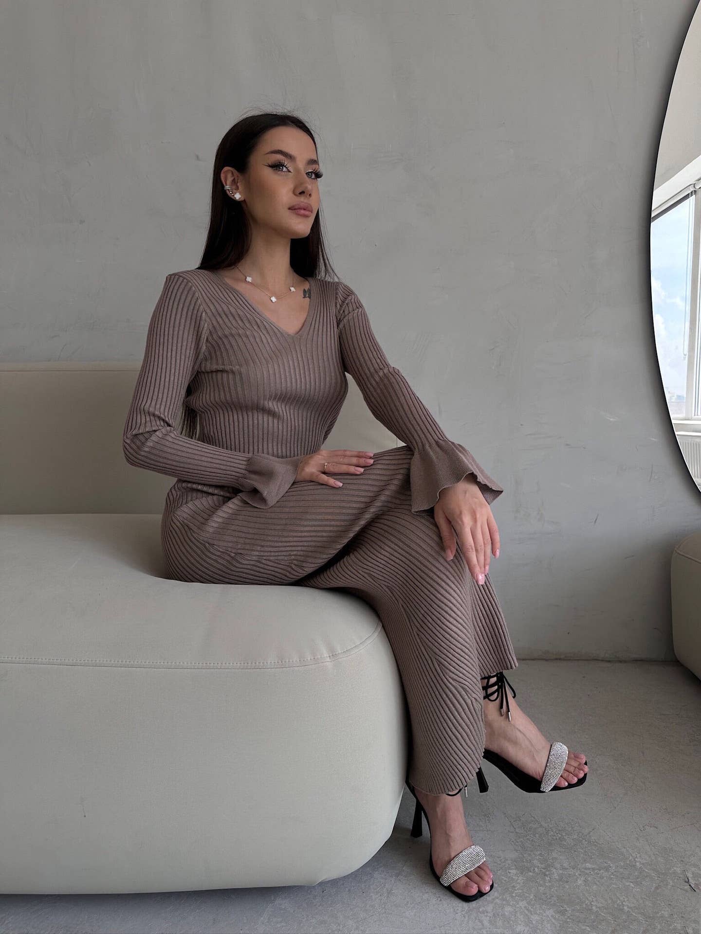 Solid Color Pit Strip Long Knit Slim-Fit Dress