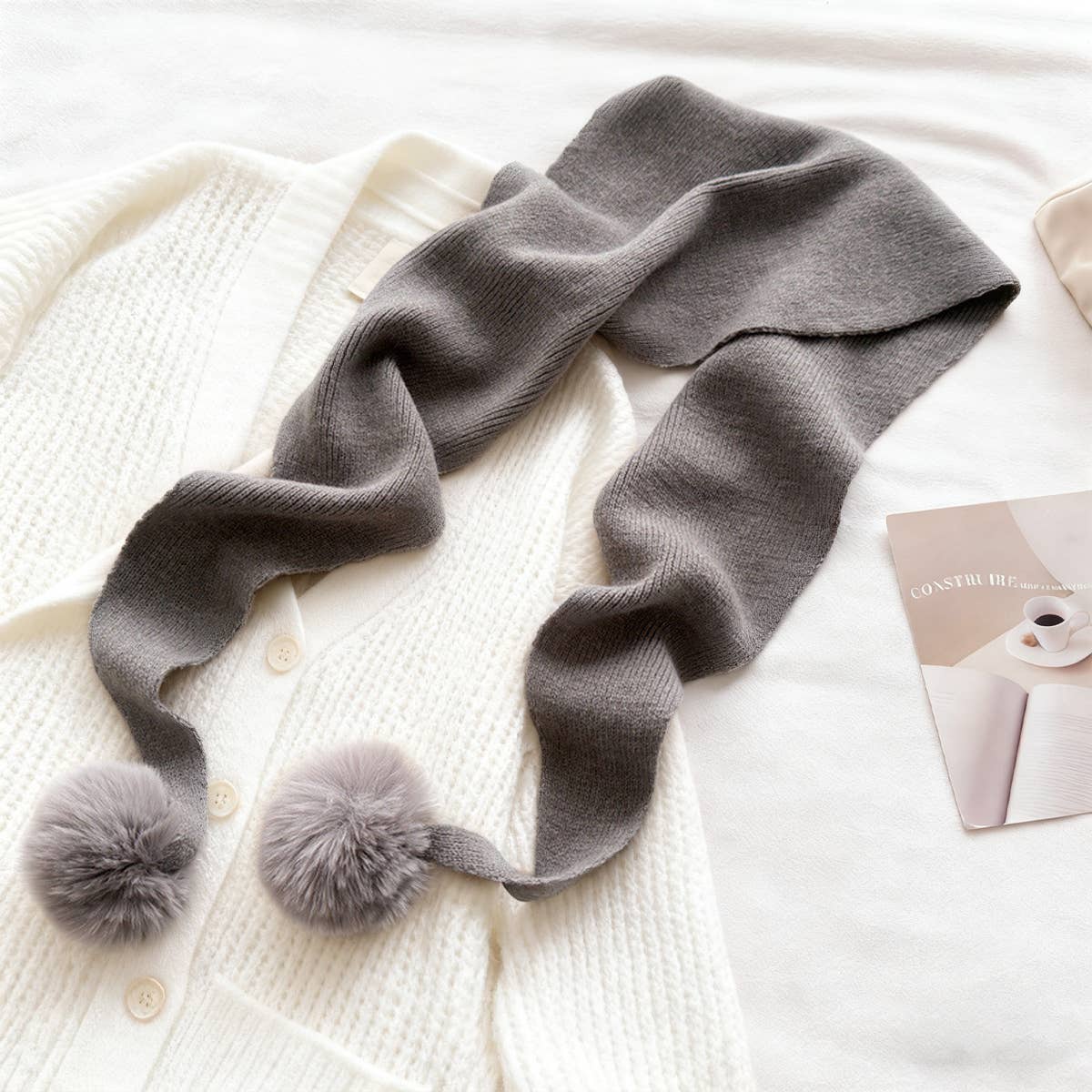 Cozy Knit Pom Pom Scarf Warm Winter Wrap_Cwasc03459