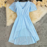 V-Neck Long Cotton Linen Waist-Cinching Dress
