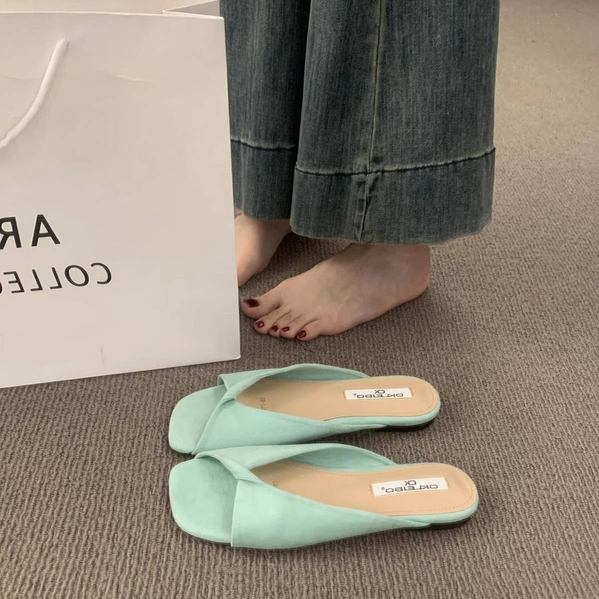 FLAT PEEP TOE SLIDE SANDALS FOR SUMMER_CWSHF0074