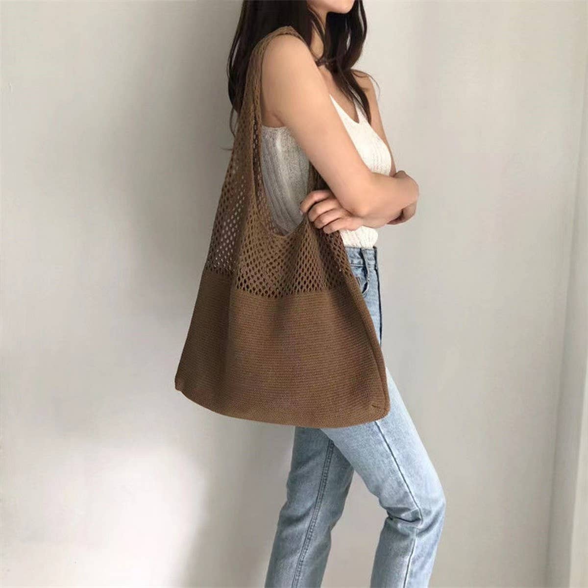 Cwab4568_Hollow Knit Large Capacity Shoulder Tote Bag