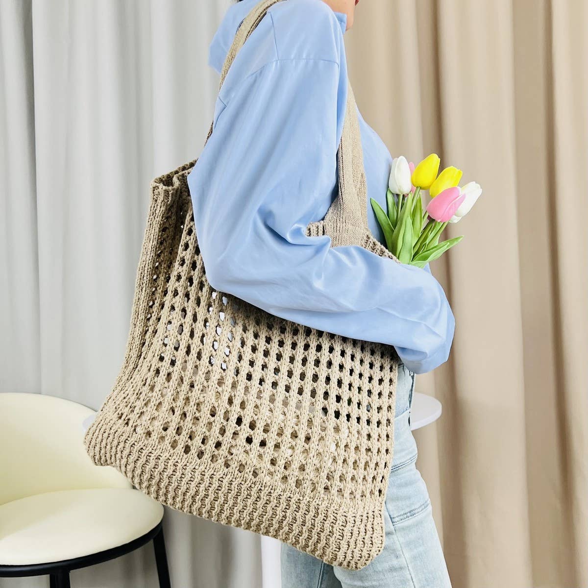 Cwab5059_Solid Color Hollow Bag Single Shoulder Woven Bag