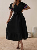 V-Neck Short Sleeve Lace-Up Mid-Length Dress