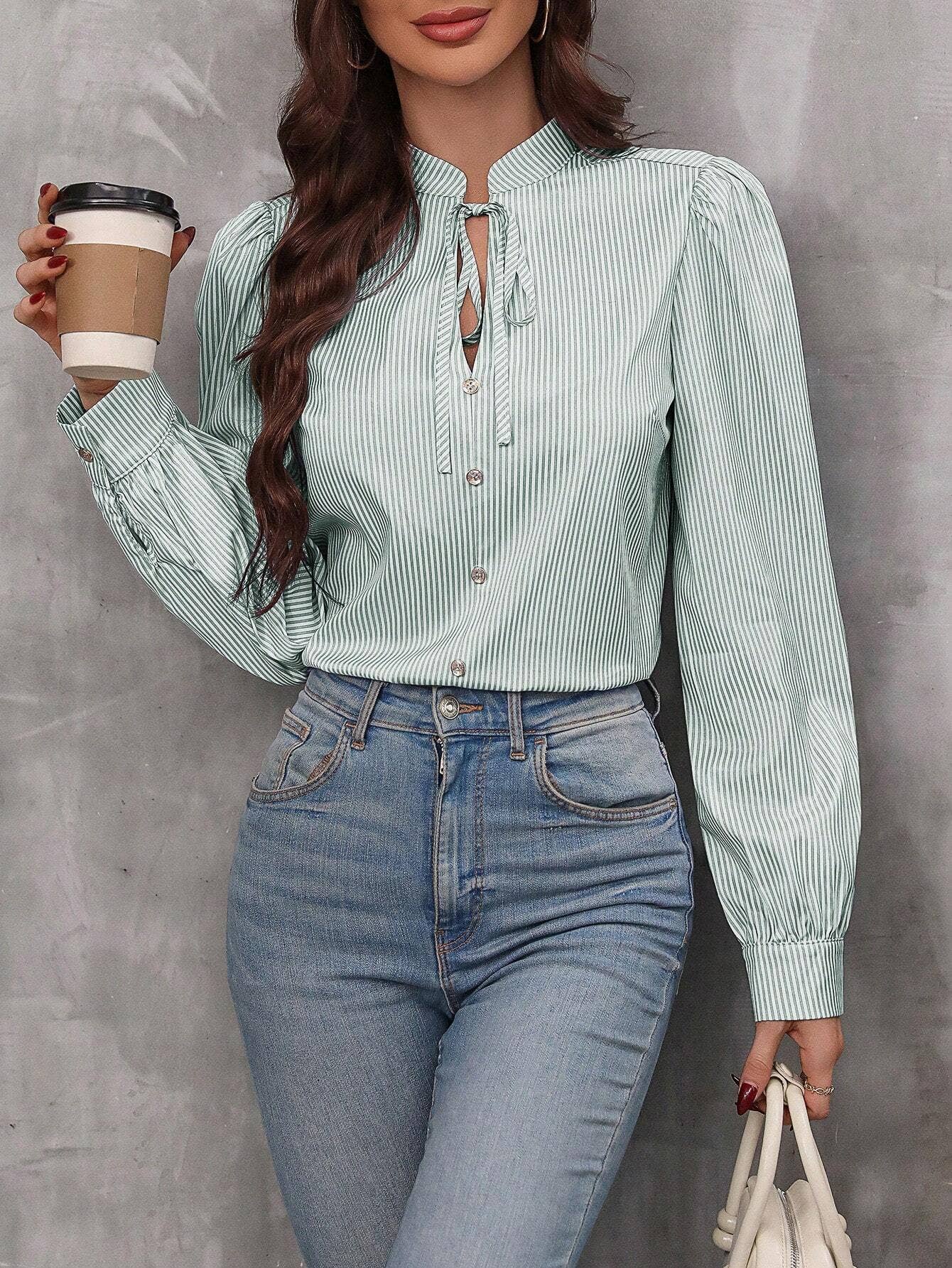 V-Neck Button-Up Striped Long-Sleeved Shirt