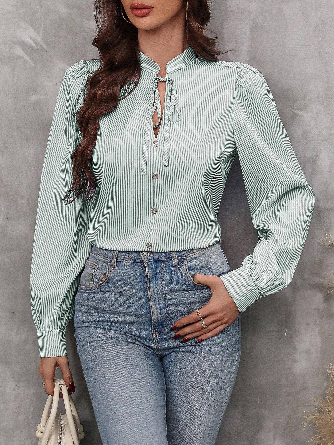 V-Neck Button-Up Striped Long-Sleeved Shirt