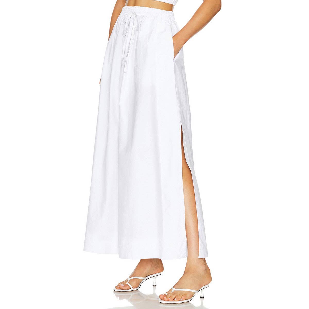 COTTON SKIRT HIGH WAIST SLIT LACE UP LONG SKIRT_CWBSS0402