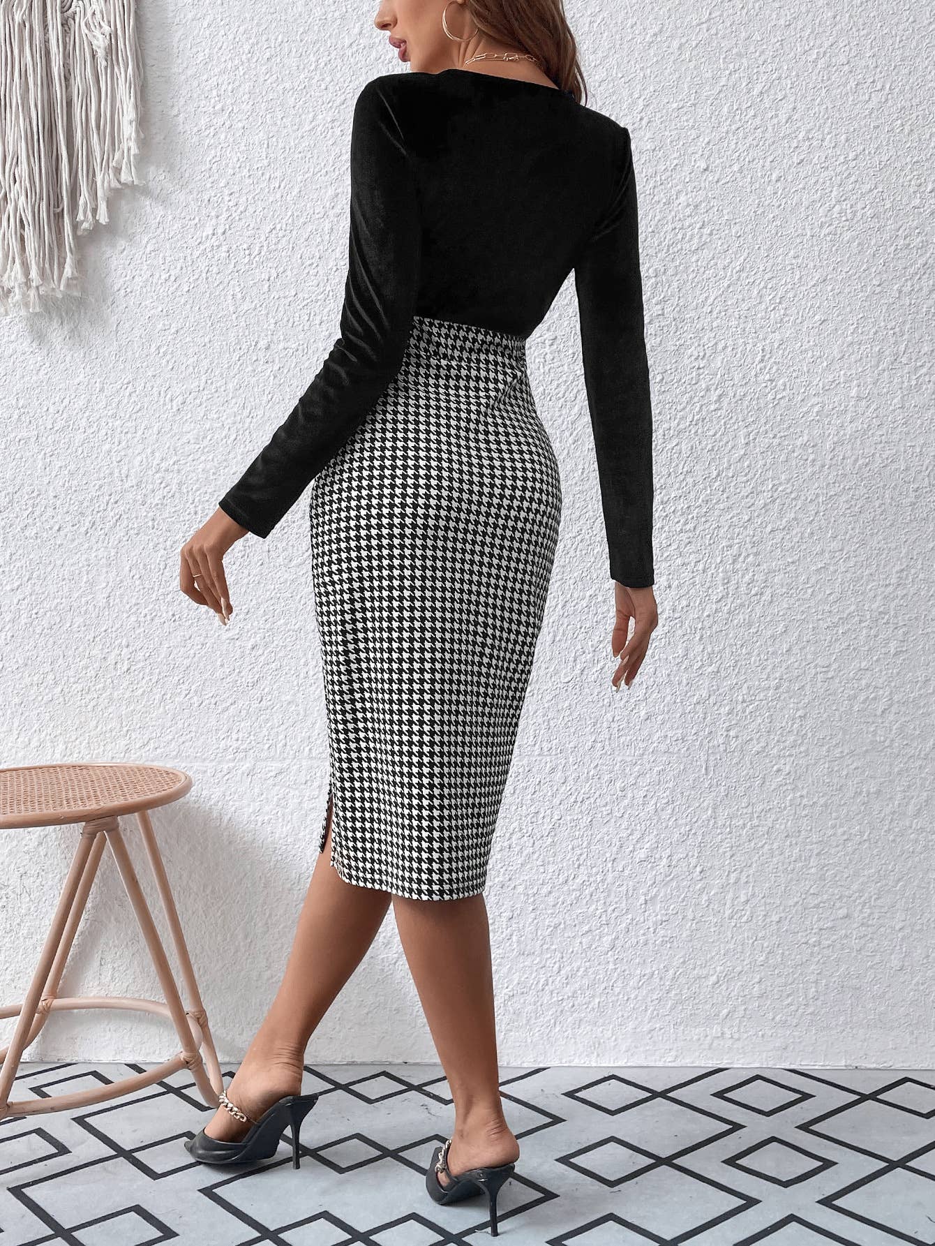 V-Neck Long Sleeve Plaid Midi With Hip Wrap