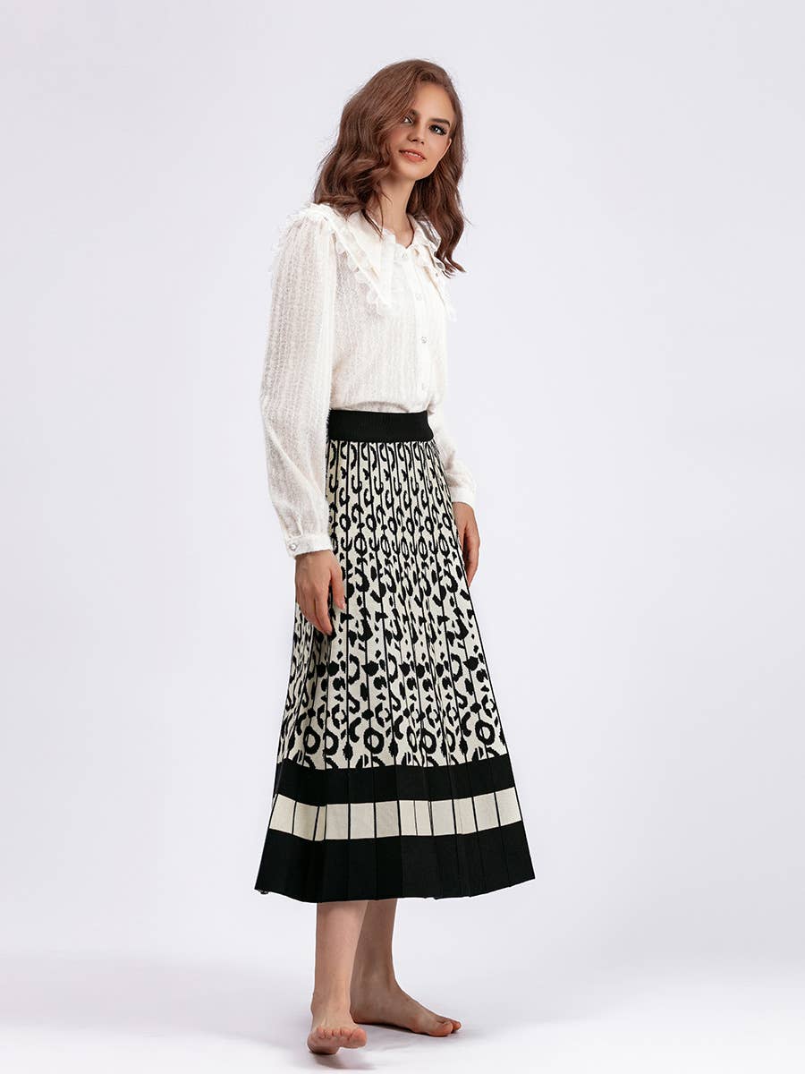 Vintage Leopard Print Contrast Knit Skirt